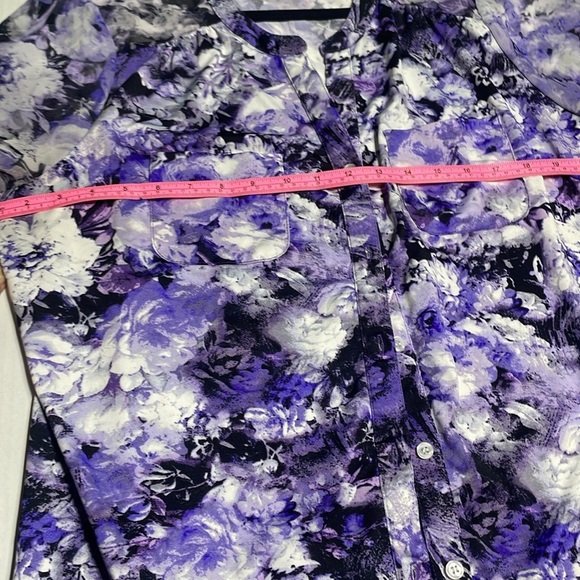 Women’s Purple Floral Button-Down Blouse  Sheer Top by ROZ& ALI, Size L - Picture 8 of 10